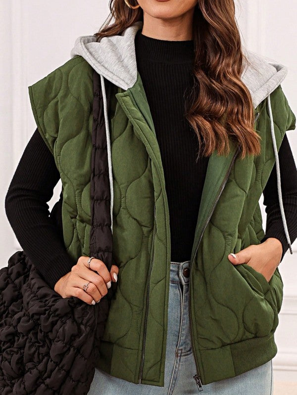 Oversized Drawstring Hooded Zip Up Puffer Vest - Sleekdenim.com