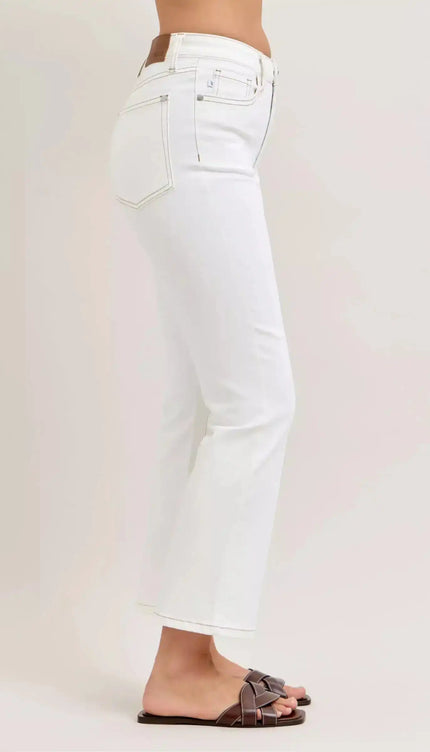 Judy Blue Contrast Stitching Cropped Flare Perfect White Jeans 881080 - Sleekdenim.com