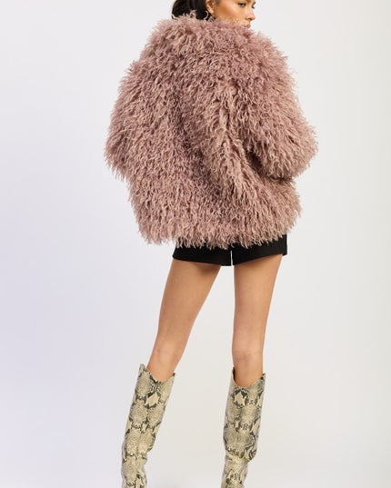 SHAGGY FAUR FUR COAT WITH COLLAR - Sleekdenim.com