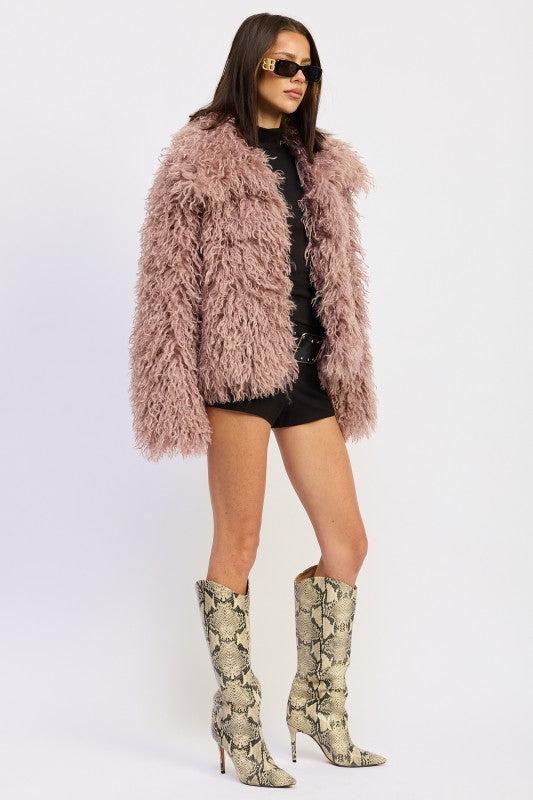 SHAGGY FAUR FUR COAT WITH COLLAR - Sleekdenim.com