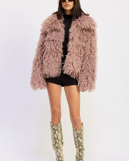SHAGGY FAUR FUR COAT WITH COLLAR - Sleekdenim.com