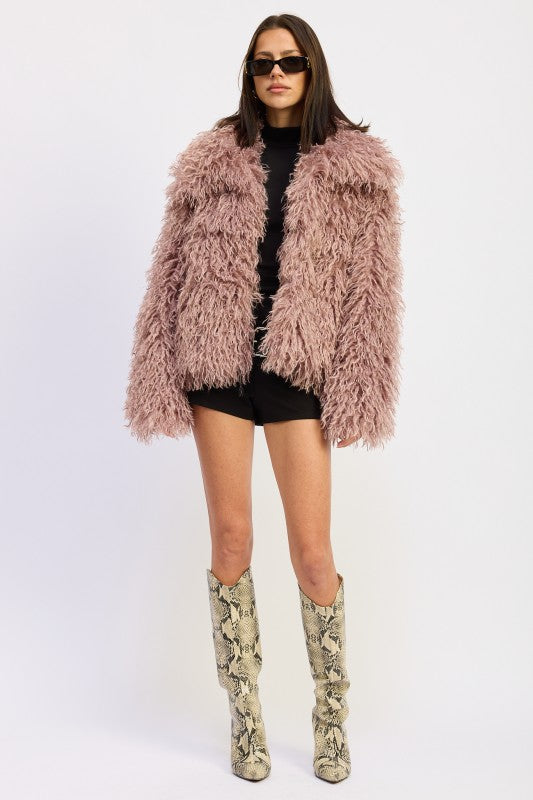 SHAGGY FAUR FUR COAT WITH COLLAR - Sleekdenim.com