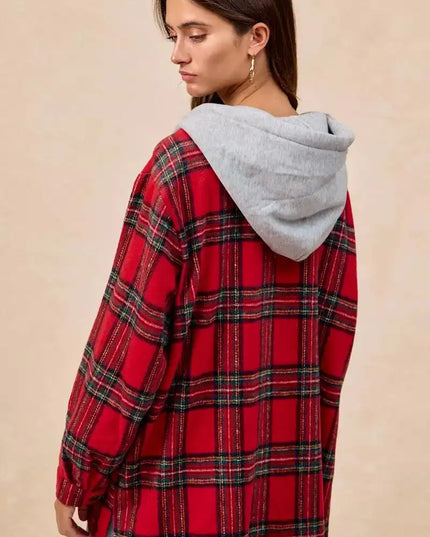 BiBi Brushed Plaid Hooded Jacket - Sleekdenim.com