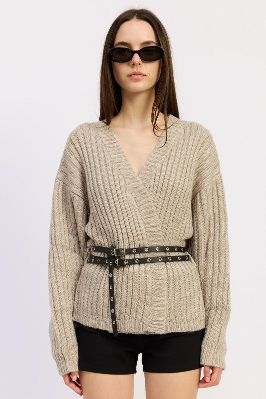WRAPPED CARDIGAN WITH BELT - Sleekdenim.com