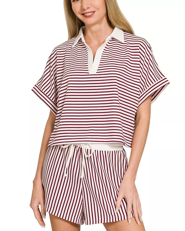 Zenana Striped Collared Top & Shorts Set - Sleekdenim.com