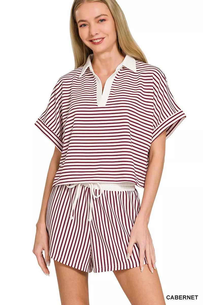 Zenana Striped Collared Top & Shorts Set - Sleekdenim.com