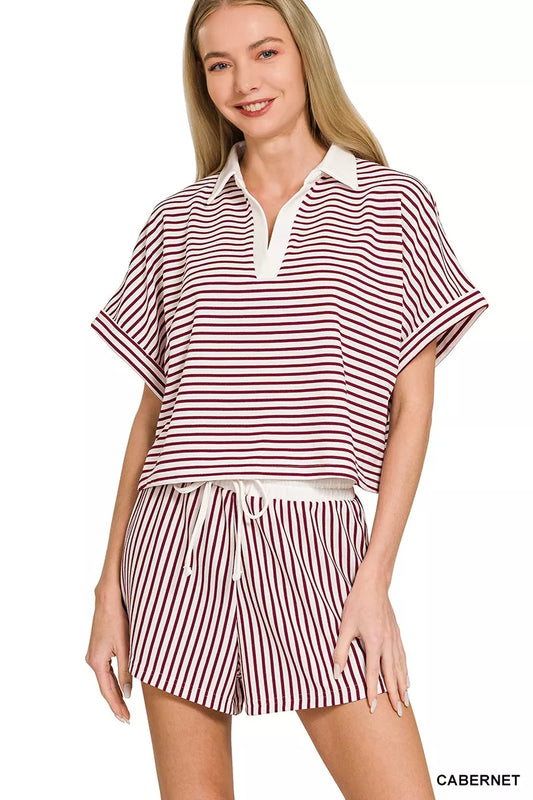 Zenana Striped Collared Top & Shorts Set - Sleekdenim.com