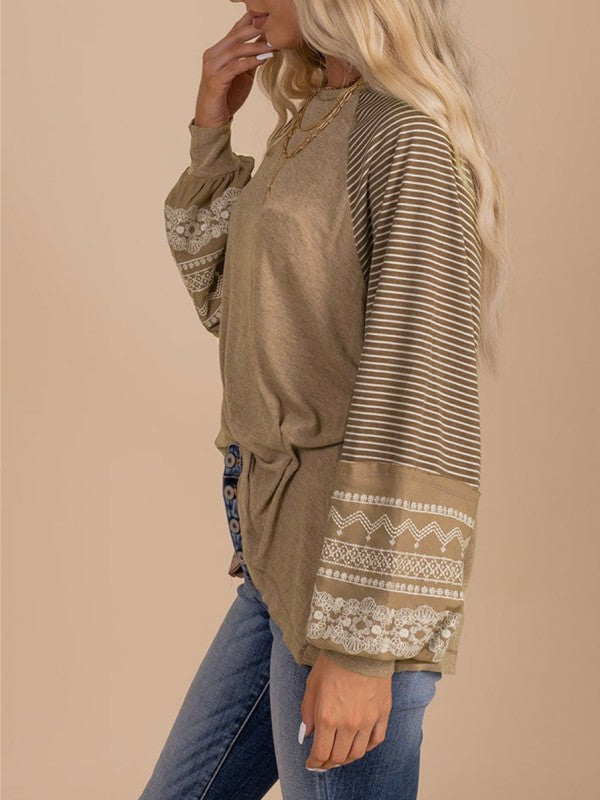 Viscose Striped Raglan Long Sleeve Loose Top - Sleekdenim.com