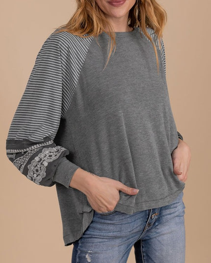 Viscose Striped Raglan Long Sleeve Loose Top - Sleekdenim.com