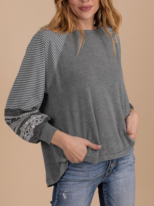 Viscose Striped Raglan Long Sleeve Loose Top - Sleekdenim.com