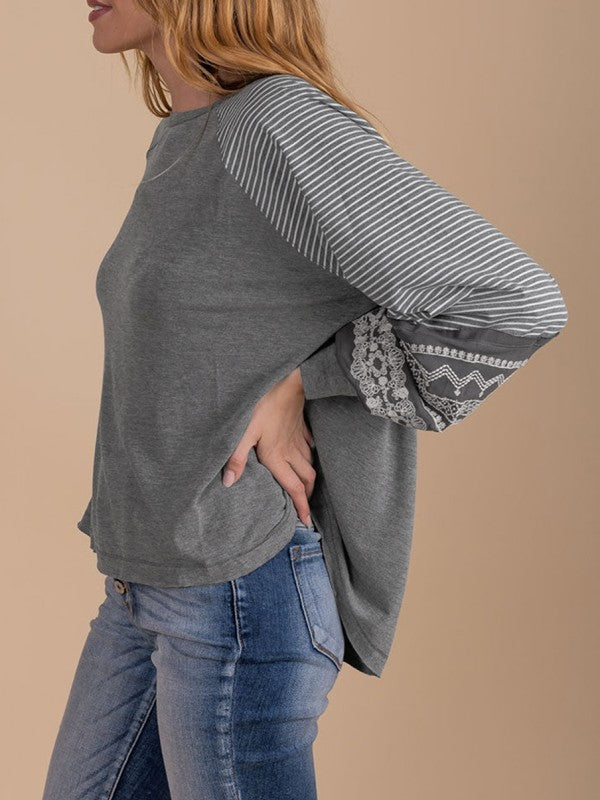 Viscose Striped Raglan Long Sleeve Loose Top - Sleekdenim.com