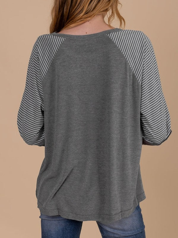 Viscose Striped Raglan Long Sleeve Loose Top - Sleekdenim.com