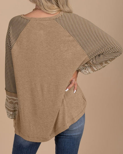 Viscose Striped Raglan Long Sleeve Loose Top - Sleekdenim.com