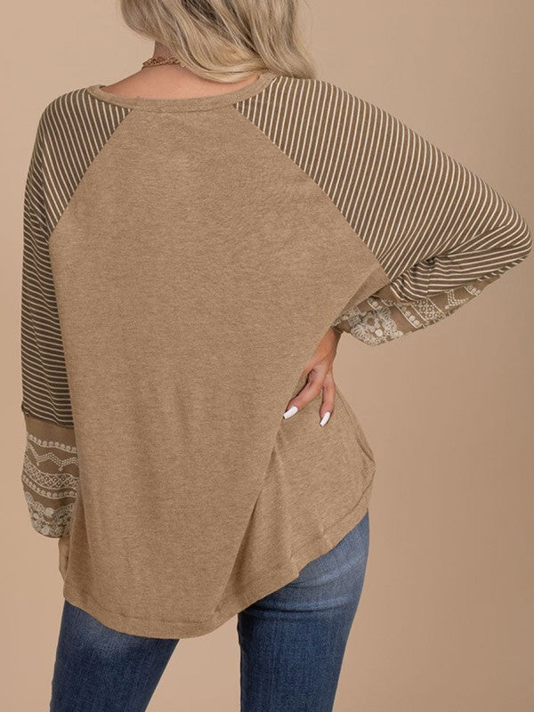 Viscose Striped Raglan Long Sleeve Loose Top - Sleekdenim.com