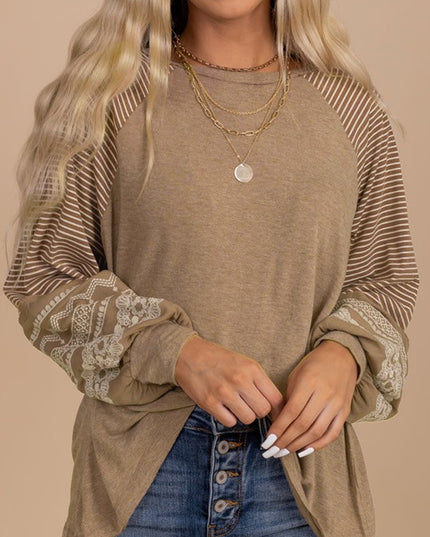 Viscose Striped Raglan Long Sleeve Loose Top - Sleekdenim.com