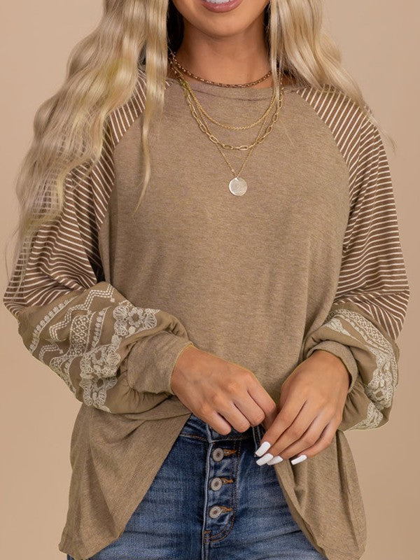 Viscose Striped Raglan Long Sleeve Loose Top - Sleekdenim.com