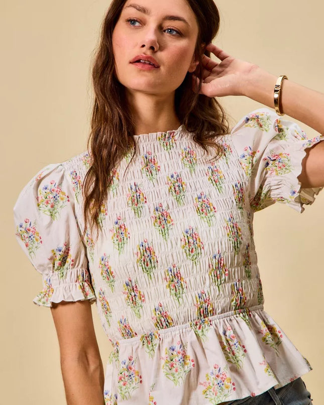 SO ME Floral Cotton Smocked Short Sleeves Blouse - Sleekdenim.com