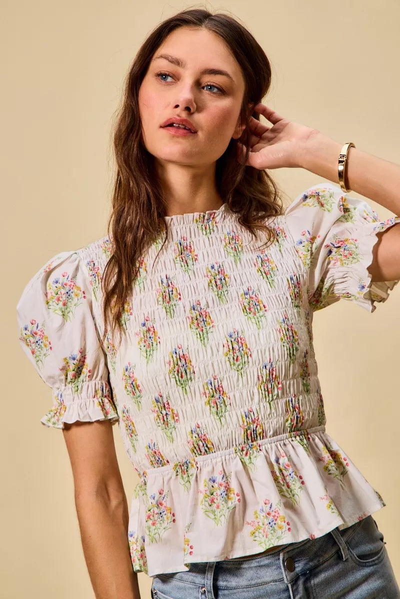 SO ME Floral Cotton Smocked Short Sleeves Blouse - Sleekdenim.com