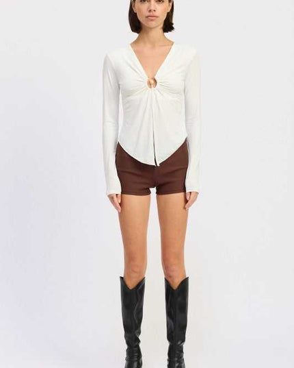 LONG SLEEVE FRONT RING RUCHED TOP - Sleekdenim.com