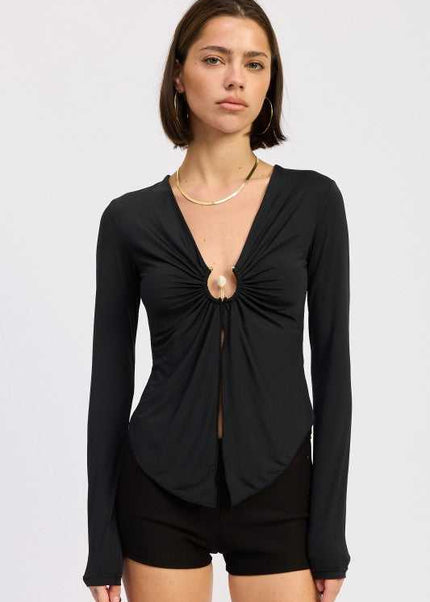 LONG SLEEVE FRONT RING RUCHED TOP - Sleekdenim.com