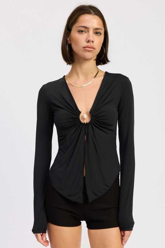 LONG SLEEVE FRONT RING RUCHED TOP - Sleekdenim.com