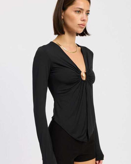 LONG SLEEVE FRONT RING RUCHED TOP - Sleekdenim.com