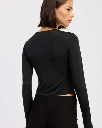 LONG SLEEVE FRONT RING RUCHED TOP - Sleekdenim.com