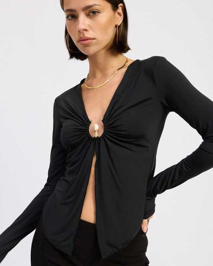 LONG SLEEVE FRONT RING RUCHED TOP - Sleekdenim.com