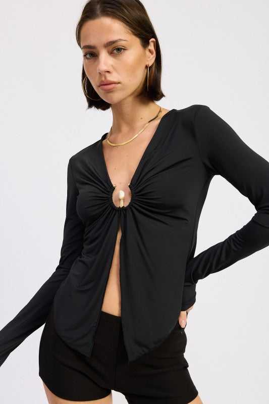 LONG SLEEVE FRONT RING RUCHED TOP - Sleekdenim.com