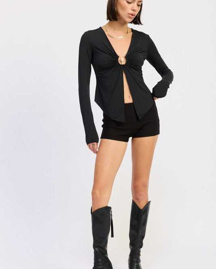 LONG SLEEVE FRONT RING RUCHED TOP - Sleekdenim.com