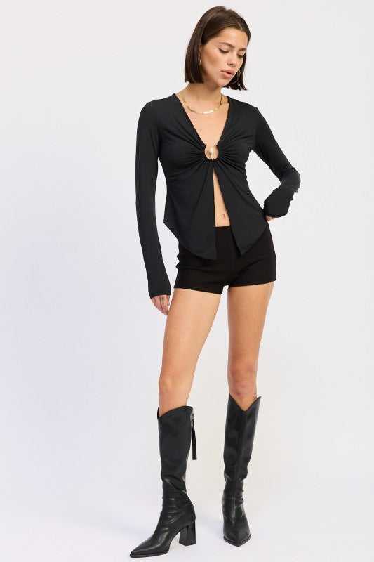 LONG SLEEVE FRONT RING RUCHED TOP - Sleekdenim.com