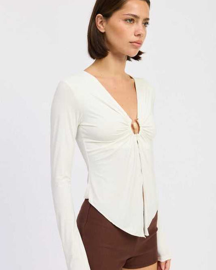 LONG SLEEVE FRONT RING RUCHED TOP - Sleekdenim.com