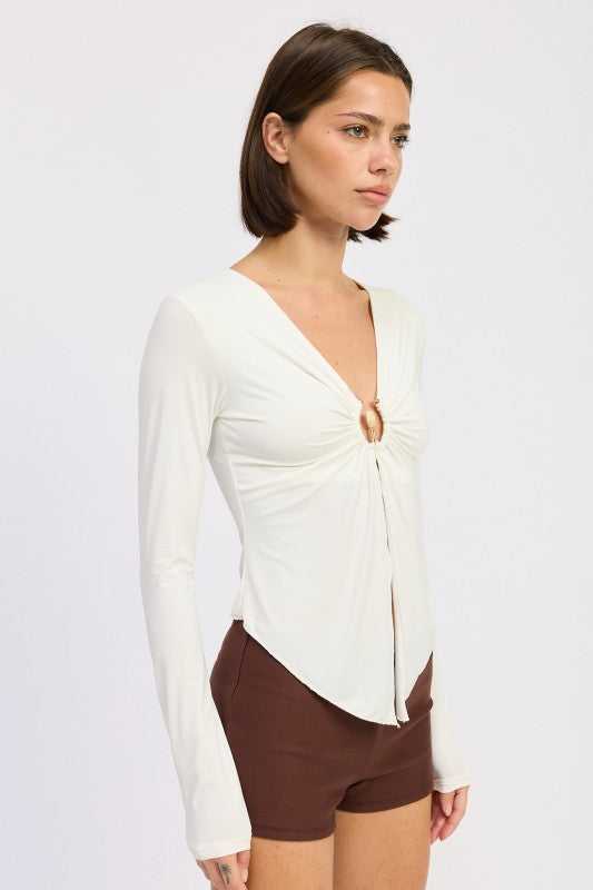 LONG SLEEVE FRONT RING RUCHED TOP - Sleekdenim.com