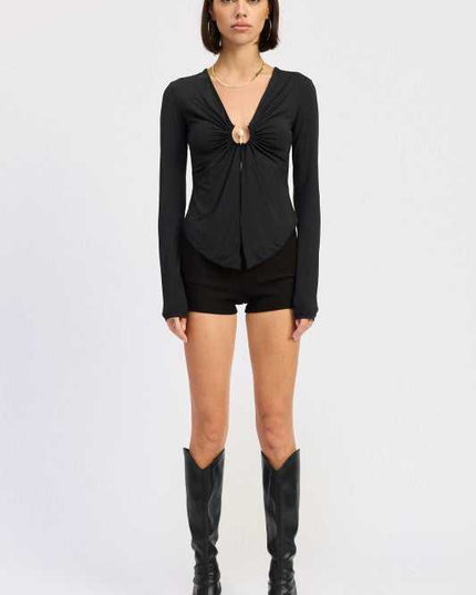 LONG SLEEVE FRONT RING RUCHED TOP - Sleekdenim.com