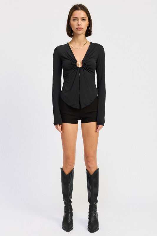 LONG SLEEVE FRONT RING RUCHED TOP - Sleekdenim.com