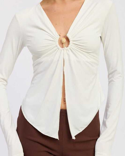 LONG SLEEVE FRONT RING RUCHED TOP - Sleekdenim.com