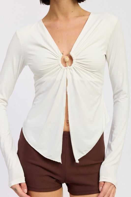 LONG SLEEVE FRONT RING RUCHED TOP - Sleekdenim.com