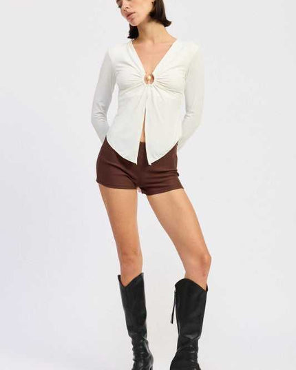 LONG SLEEVE FRONT RING RUCHED TOP - Sleekdenim.com