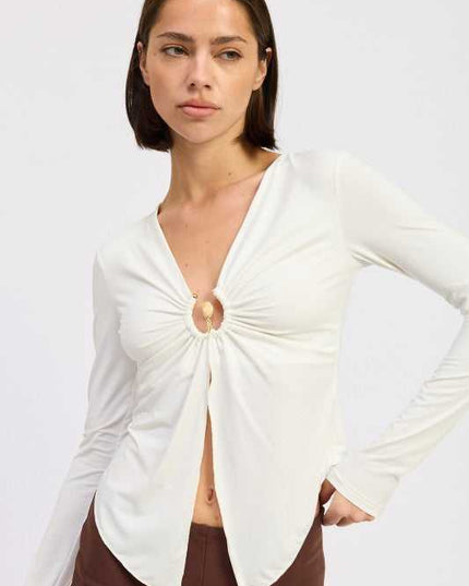 LONG SLEEVE FRONT RING RUCHED TOP - Sleekdenim.com