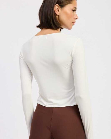 LONG SLEEVE FRONT RING RUCHED TOP - Sleekdenim.com