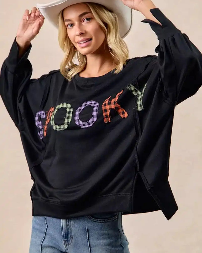 BiBi Spook Plaid Letter Print Oversized Sweatshirt - Sleekdenim.com