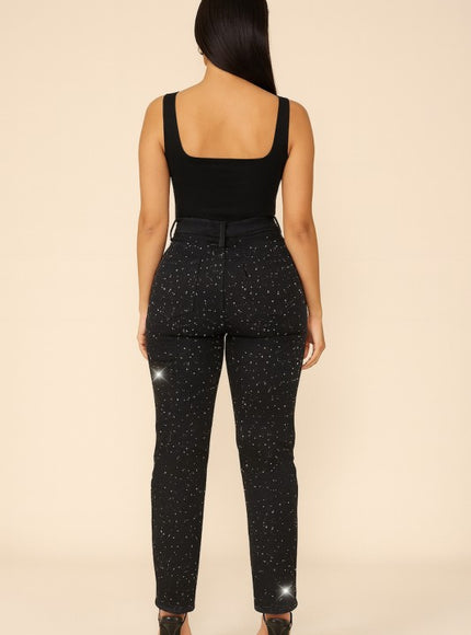 GJG Denim High Waisted Black Skinny Jeans with Rhinestones - Sleekdenim.com