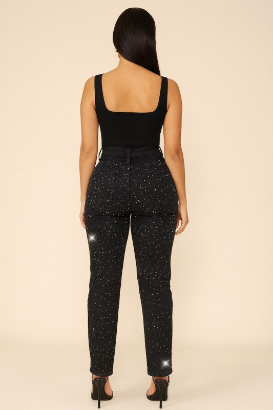 High Waisted Black Mom Jean with Rhinestones - Sleekdenim.com