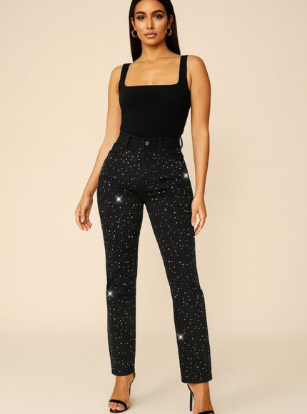 GJG Denim High Waisted Black Skinny Jeans with Rhinestones - Sleekdenim.com