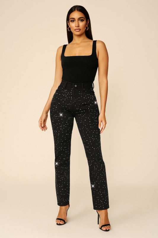 GJG Denim High Waisted Black Skinny Jeans with Rhinestones - Sleekdenim.com