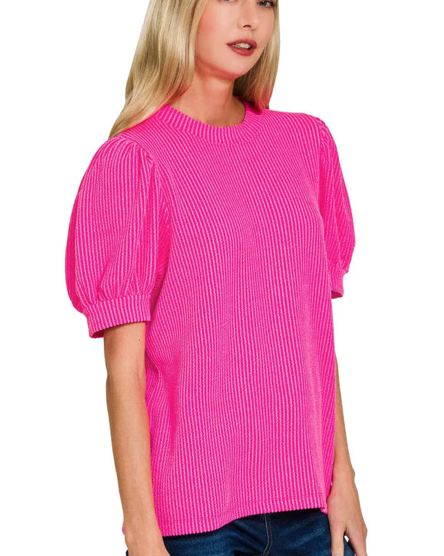 Zenana Raised Rib Puff Sleeve Top - Sleekdenim.com
