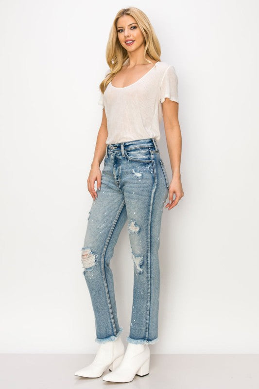 AT1050STM High Rise Distressed Straight Jeans - Sleekdenim.com