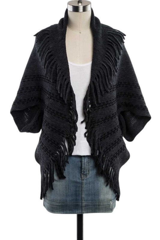 Fringe Lapel Collar Open Knit Cardigan - Sleekdenim.com
