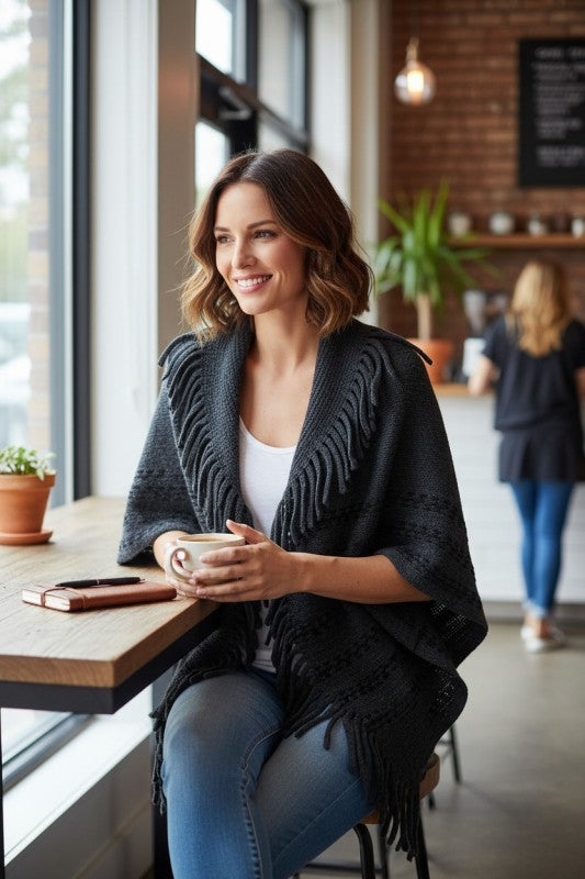 Fringe Lapel Collar Open Knit Cardigan - Sleekdenim.com