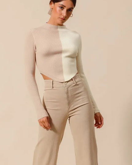 SO ME Color Block Fitted Crop Sweater Top - Sleekdenim.com